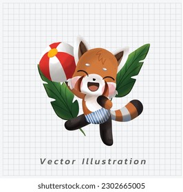Summer vacation theme. Cute Little red panda is enjoy with beach ball. vector cartoon illustration