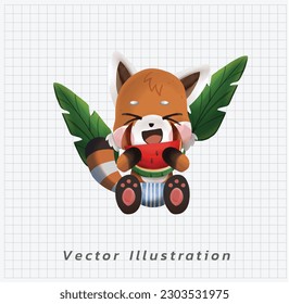 Summer vacation theme. Cute Little red panda in swimming suit is eating watermelon. vector cartoon illustration