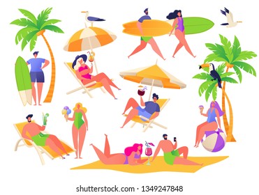 Summer vacation theme. Outdoor activity and rest on the beach. Set of active characters women and men, they relaxing on sun loungers and drinking cocktails, sunbathing and go surfing. 