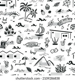 Summer Vacation Theme Vector Black White Seamless Pattern. California Architecture, Nature. Holiday homes, sea, sailboat, surfing, waves, beach, palm trees, hills, plants, food, drinks, leisure items