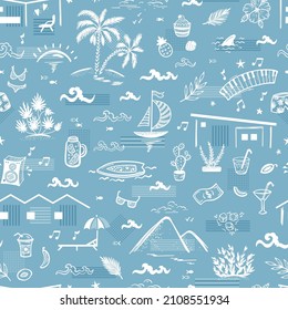 Summer Vacation Theme Vector Blue White Seamless Pattern. California Architecture, Nature. Holiday homes, sea, sailboat, surfing, waves, beach, palm trees, hills, plants, food, drinks, leisure items