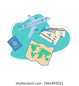 Summer vacation ticket booking concept background. Trip on plane and online service for booking ticket and hotel. Airplane, tickets, passport, phone with map cartoon banner on blue background.