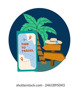 Hintergrund des Buchungskonzepts für Sommerferien. Reise im Flugzeug und Online-Service für die Buchung von Ticket und Hotel. Flugzeug, Tickets, Pass, Telefon mit Karte Cartoon Banner auf blauem Hintergrund.