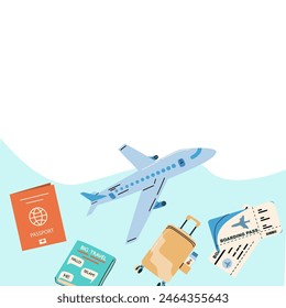 Hintergrund des Buchungskonzepts für Sommerferien. Reise im Flugzeug und Online-Service für die Buchung von Ticket und Hotel. Flugzeug, Tickets, Pass, Telefon mit Karte Cartoon Banner auf blauem Hintergrund.