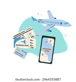 Summer vacation ticket booking concept background. Trip on plane and online service for booking ticket and hotel. Airplane, tickets, passport, phone with map cartoon banner on blue background.