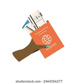 Summer vacation ticket booking illustration with passport in black hand. Passport, plane tickets in woman hand