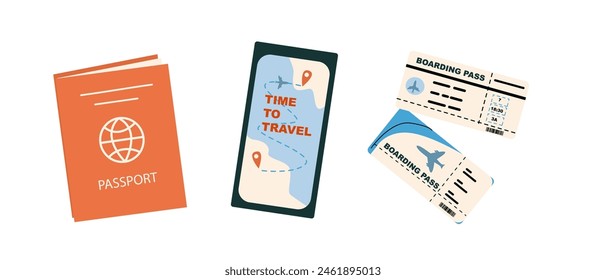 Summer vacation ticket booking set for flight trip concept background. Passport, plane tickets, passport, phone with map gps.