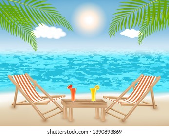 Summer and vacation time at colorful beach with palm tree and sea. Travelling and journey concept. Vector illustration.