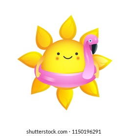 Summer vacation time. Cute vector illustration of sun with pink swimming ring Flamingo for pool.