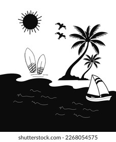 Summer vacation time,  sea life scene vector. Black and white illustration,  