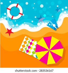 Summer vacation, time to travel, beach rest: sun, sea, waves, sand, beach umbrella, towel, flippers, starfish, lifebuoy. Vector  illustration flat style background.