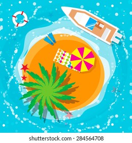 Summer vacation, time to travel, beach rest: sun, sea, waves, sand, boat, umbrella, towel, flippers, starfish, lifebuoy. Vector flat background and objects illustrations