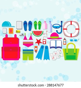 Summer vacation, time to travel, beach rest: sun, sea, waves, sand,  umbrella, towel, flippers, starfish, lifebuoy. Vector flat background and objects illustrations
