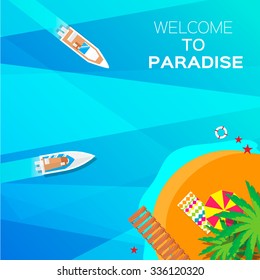 Summer vacation, time to travel, beach rest: sun, sea, waves, sand, umbrella, towel, starfish, lifebuoy. Vector background and objects illustrations.