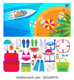 Summer vacation, time to travel, beach rest: sun, sea, waves, sand, umbrella, towel, flippers, starfish, lifebuoy. Vector  illustration flat style background.
