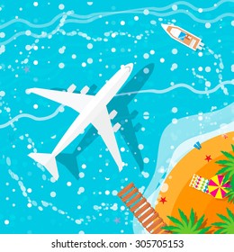 Summer vacation, time to travel - sun, sea, waves, sand, airplane, yacht, palm, island. Top view vector  illustration concept. Flat style summer background.