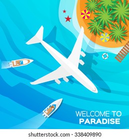 Summer vacation, time to travel - sun, sea, waves, sand, airplane, yacht, palm, island. Top view vector  illustration concept. Flat style summer background.