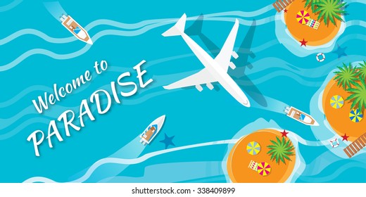 Summer vacation, time to travel - sun, sea, waves, sand, airplane, yacht, palm, island. Top view vector  illustration concept. Flat style summer background.