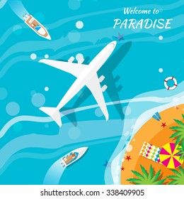 Summer vacation, time to travel - sun, sea, waves, sand, airplane, yacht, palm, island. Top view vector  illustration concept. Flat style summer background.