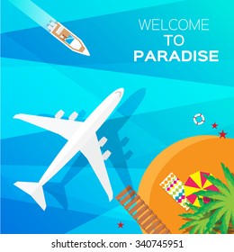 Summer vacation, time to travel - sun, sea, waves, sand, airplane, yacht, palm, island. Top view vector  illustration concept. Flat style summer background.