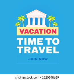 Summer vacation. Time to travel. Tourism flyer templatr with antique temple and sun. Museum poster.