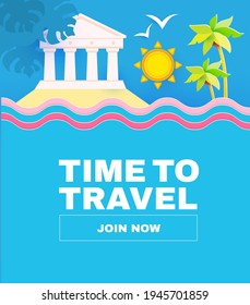 Summer vacation. Time to travel. Tourism flyer templatr with antic temple and sun. Museum poster.