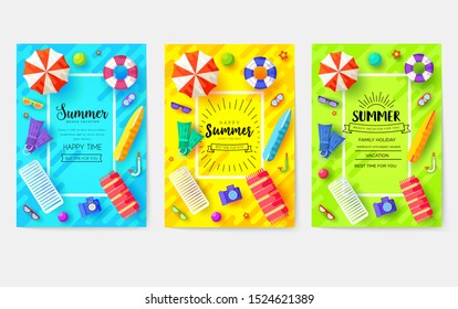 Summer vacation time  vector brochure cards set. Ecology template of flyer, magazines, poster, book cover, banners. Outdoor invitation concept background. Layout illustration modern page background.