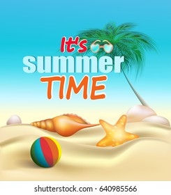 Summer vacation time, vector illustration of beach with seashells