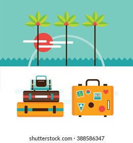 Summer vacation Tourism background with travel suitcase bags sea palms