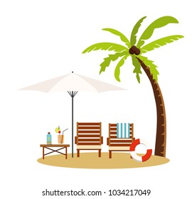 Summer Vacation and Tourism. Chaise lounge and umbrella with palm