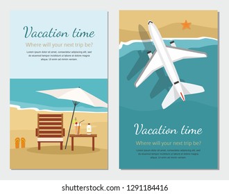 Summer Vacation and Tourism. Chaise lounge and umbrella on the beach. Airplane flies over a sea. Vector template