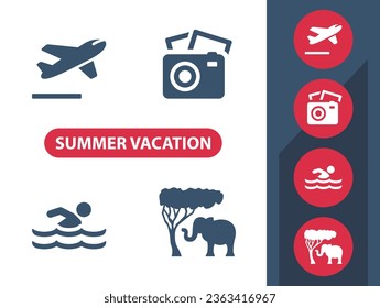 Summer Vacation, Vacation, Tourism Icons. Plane, Camera, Photo, Swimming, Safari. Professional, pixel perfect vector icon