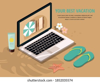 Summer Vacation and Tourism. Laptop, sun block and flip-flops on sandy beach. 3d Isometric illustration