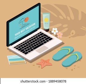 Summer Vacation and Tourism. Laptop, sun block and flip-flops on sandy beach. 3d Isometric