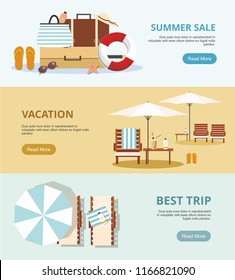 Summer Vacation and Tourism. Set Three Web banners. Beach Accessories Vector illustration.