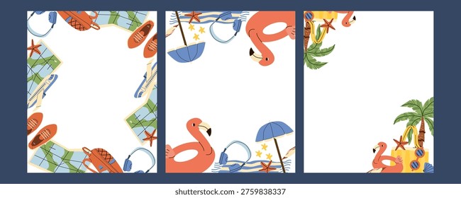 Summer Vacation Tourism and Travel Frames set. Vacation elements in cartoon flat style. Map and backpack, headphones, snickers frame. Summer background for tourism