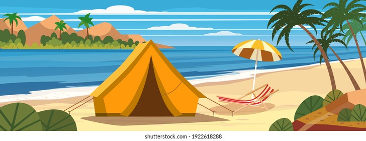 Summer vacation. Tourist tent camping on the tropical beach, palms. Coastline beach sea, ocean, travel