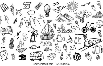 Summer, Vacation, Transportation, Hiking, Vacation, Packing Your Bags, Travel, Adventure, Trip, Camping. Vector Black And White Set Drawn By Hand. Isolated Objects On A White Background. 