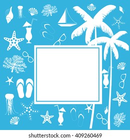  Summer vacation. Travel background drawing. Palm trees, coral, starfish, flip flops, sunglasses , seashells.  Vector frame.