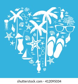 Summer vacation. Travel background drawing. Palm trees, coral, starfish, flip flops, sunglasses , seashells   in frame with heart. Vector illustration.