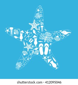 Summer vacation. Travel background drawing. Palm trees, coral, starfish, flip flops, sunglasses , seashells   in frame with starfish. Vector illustration.