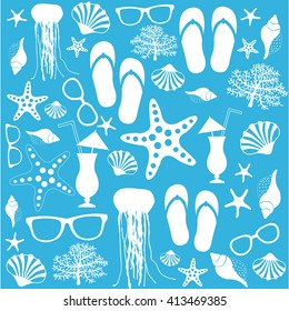 Summer vacation. Travel background drawing. Coral, starfish, flip flops, sunglasses , seashells.  Vector pattern