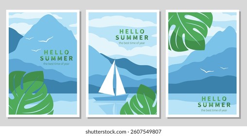 Summer vacation travel background set. Landscape with a sailboat or yacht and with silhouettes of mountains. Tourism concept, travel and adventure, wild nature,  vacation. Vector illustration
