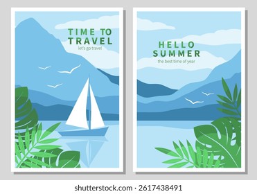 Summer vacation travel background set. Landscape with a sailboat or yacht and with silhouettes of mountains. Tourism concept, travel and adventure, wild nature,  vacation. Vector illustration
