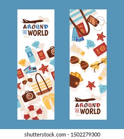 Summer vacation travel banners, vector illustration. Tour agency flyer with flat style icons of vacation accessories. Tourist advertisement, seaside and beach leisure, summer travel around the world