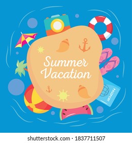 summer vacation travel, beach sand camera umbrella fruit ball passport label design vector illustration