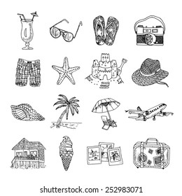 Summer vacation travel black graphic icons set with sun palm beach and martini isolated doodle vector illustration