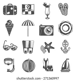 Summer vacation travel black graphic icons set with starfish sailboat anchor and martini abstract isolated  vector illustration