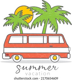 Summer vacation travel caravan and palmtrees vintage design illustration vector