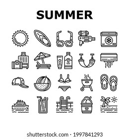 Summer Vacation Travel Collection Icons Set Vector. Resting On Summer Tropical Beach And Drink Exotic Cocktail, Swimming In Pool And Cooking Bbq Black Contour Illustrations
